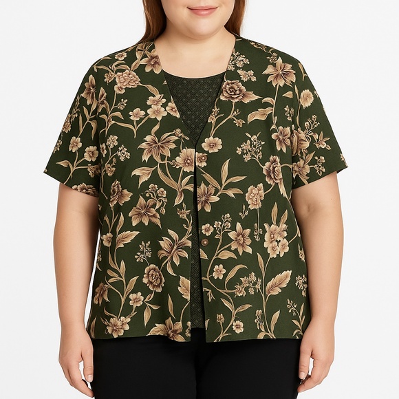ALFRED DUNNER Floral Green Beige Button Front Short Sleeve Blouse 22W - Picture 1 of 6